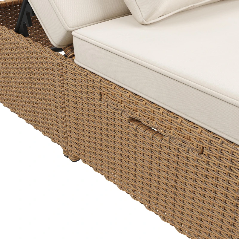 Lit double de jardin extérieur, chaise longue en rotin avec dossier réglable et coussins amovibles, 199x120x37 cm, Blanc