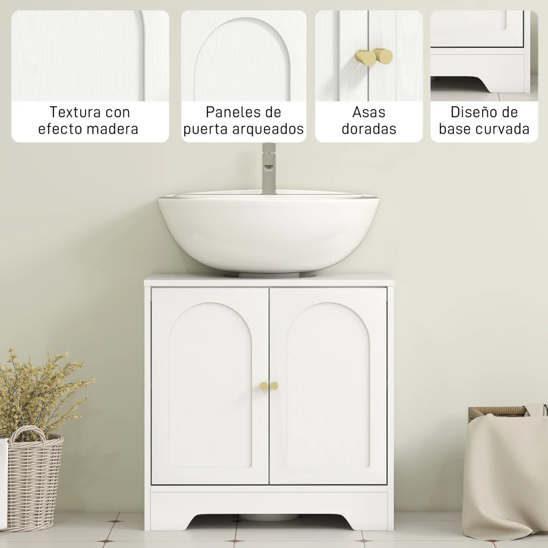 HOMCOM Mueble bajo Lavabo con 2 Puertas con Diseño de Arco Estante Ajustable Tiradores Dorados 60x30x65 cm Blanco