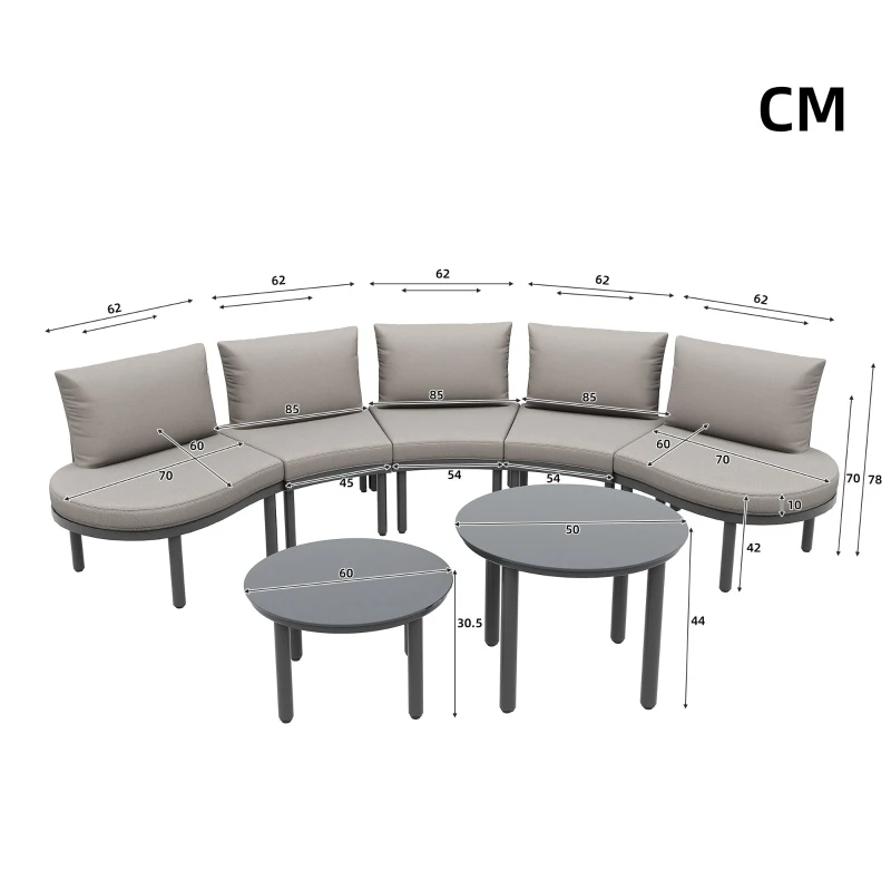 Set mobilier de grădină 5 locuri, 2 mese de cafea din sticlă securizată, perne și saltele confortabile, Gri