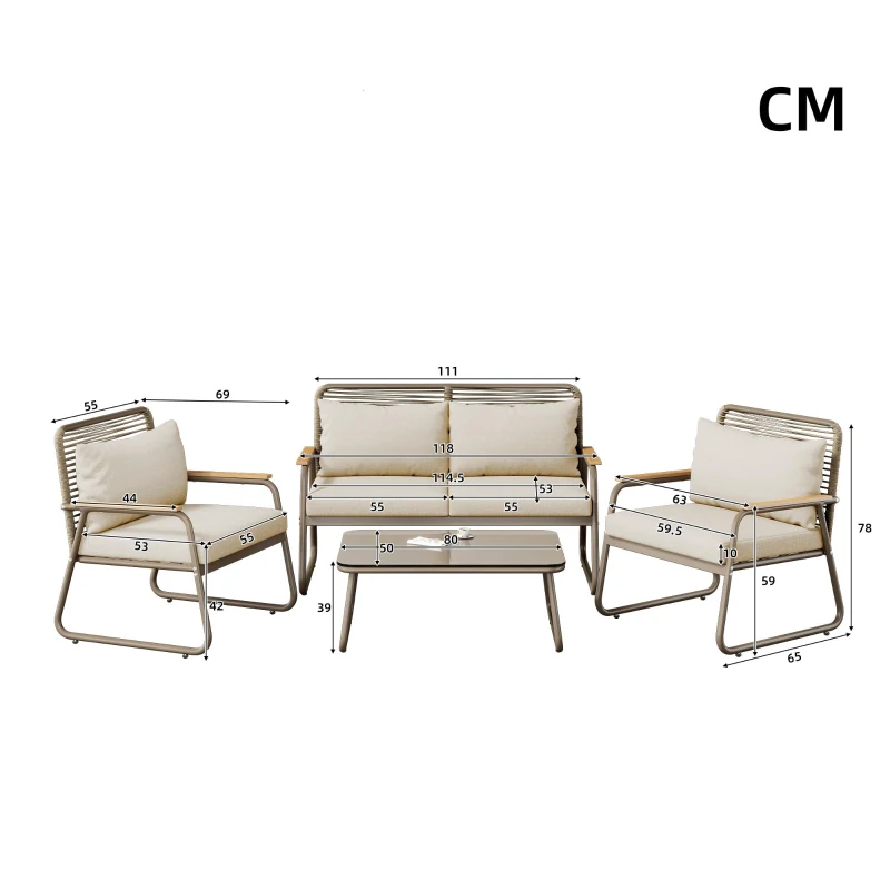 Juego de Salón de Jardín para 4 Personas con Sofá Doble 2 Sofás Individuales y 1 Mesa de Centro Beige