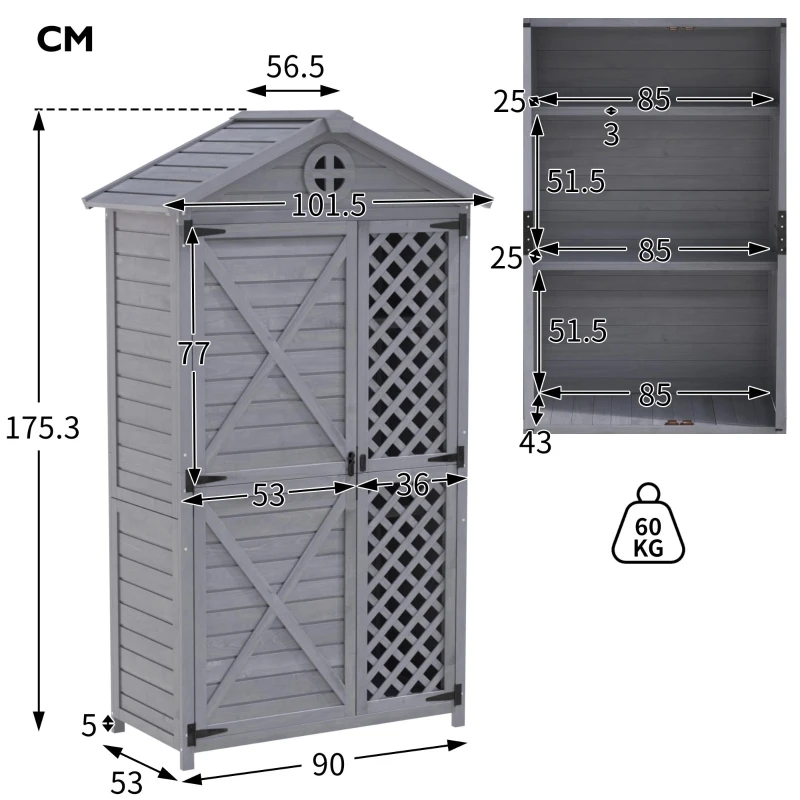 Capanno per archiviazione da giardino in legno, resistente alle intemperie, ampio spazio 101,5x56,5x175,3 cm, grigio