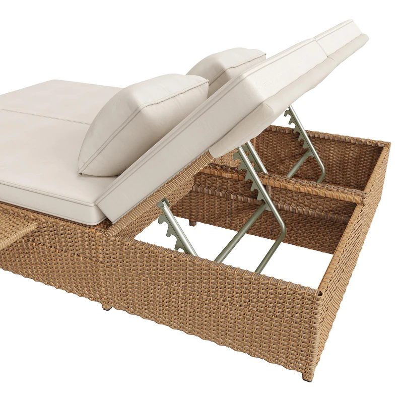 Lit double de jardin extérieur, chaise longue en rotin avec dossier réglable et coussins amovibles, 199x120x37 cm, Blanc