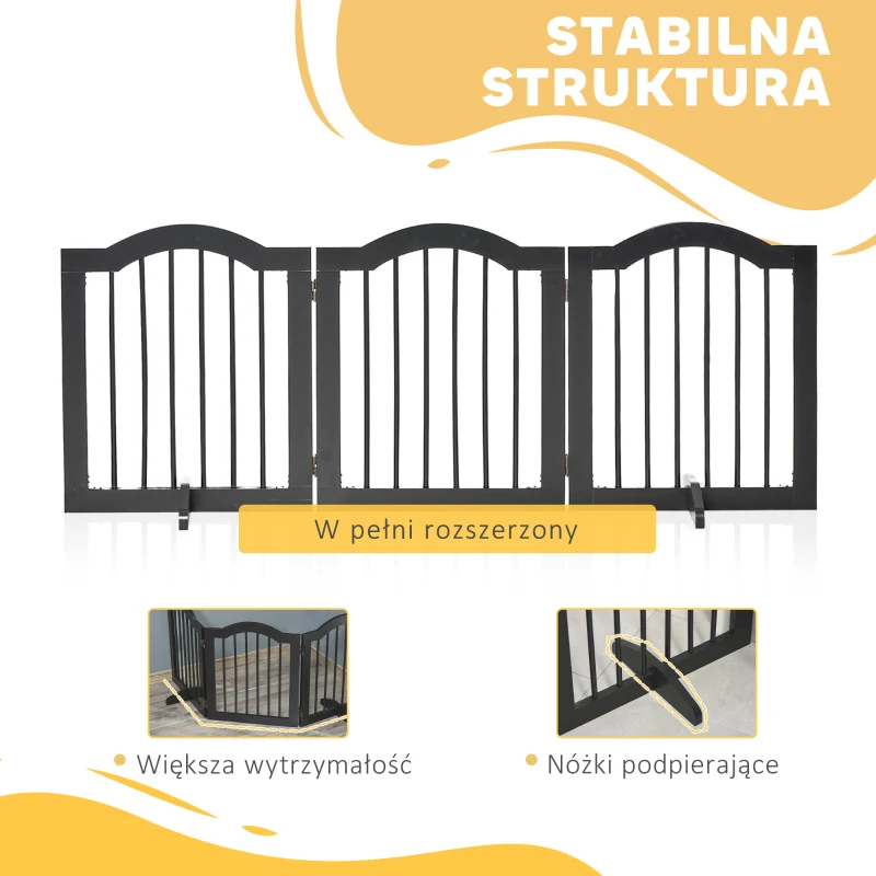 PawHut Bramka ochronna, osłona dla psa, różne konfiguracje, 3-częściowa, z dwoma nóżkami podporowymi, stabilna, składana, do użytku wewnątrz i na zewnątrz, MDF, czarna, 154,5 x 29,5 x 61 cm