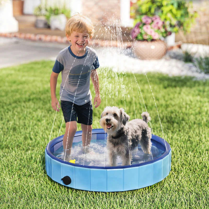 PawHut Piscina para Perros Pequeños Plegable con Aspersor de PVC Antideslizante Resistente al Desgaste Ø80x20 cm Azul Claro