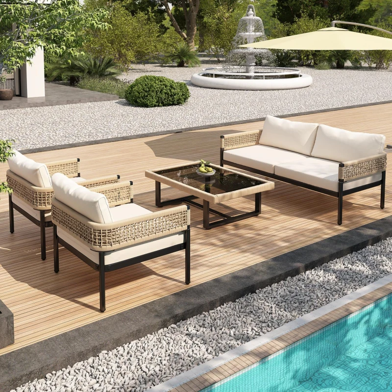Ensemble de mobilier de jardin 4 pièces avec corde, canapé deux places, 2 fauteuils individuels et table basse, Beige
