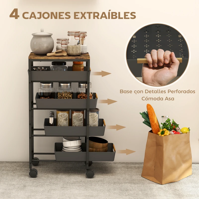 HOMCOM Carro de Cocina de 5 Niveles Carrito Auxiliar con Ruedas Tablero Efecto Madera Cajones Extraíbles 39,5x24x82 cm Negro
