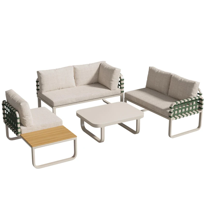 Ensemble de salon de jardin 4-5 places, ensemble de meubles de jardin en cuir vert et rotin avec table en verre trempé, Abricot(m-9)