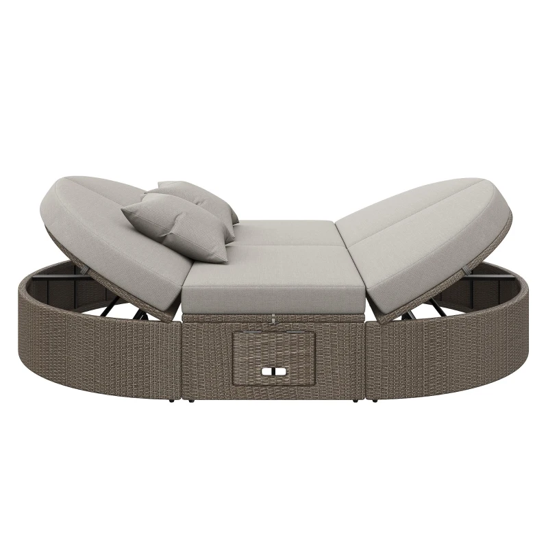 Rattan Doppel-Liege für 2 Personen, Outdoor Tagesbett mit verstellbarer Rückenlehne und seitlichem Regal, 199,9 x 140,5 x 41,9 cm, Grau