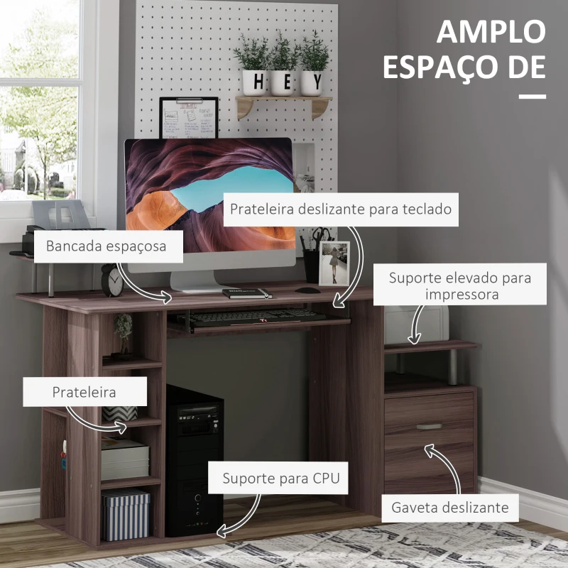 HOMCOM Mesa para Computador 120cm Secretária para Escritório com Múltiplas Prateleiras Gavetas Bandeja de Teclado Suporte para Monitor Impressora e CPU 152x60x88cm Marrom