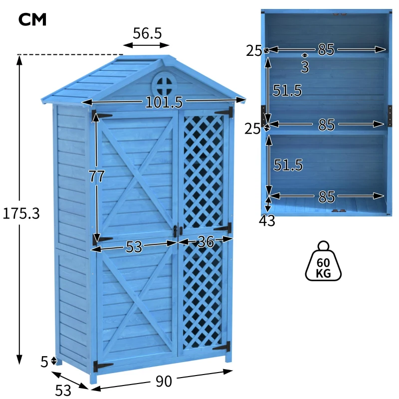 Gartenschrank 90x56x175 cm Holzschrank 3 Regale, Wasserfest Outdoor Storage für Gartenwerkzeuge, Blau