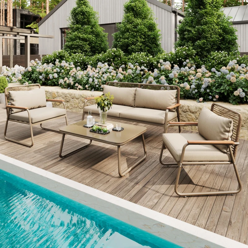 Juego de Salón de Jardín para 4 Personas con Sofá Doble 2 Sofás Individuales y 1 Mesa de Centro Beige