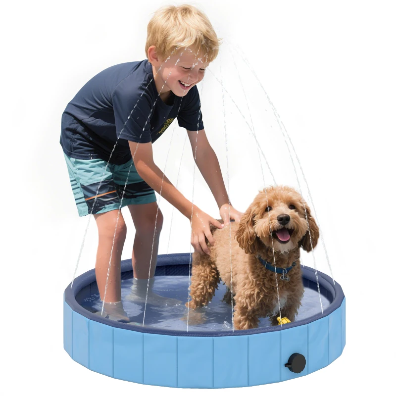 PawHut Piscina para Perros Pequeños Plegable con Aspersor de PVC Antideslizante Resistente al Desgaste Ø80x20 cm Azul Claro