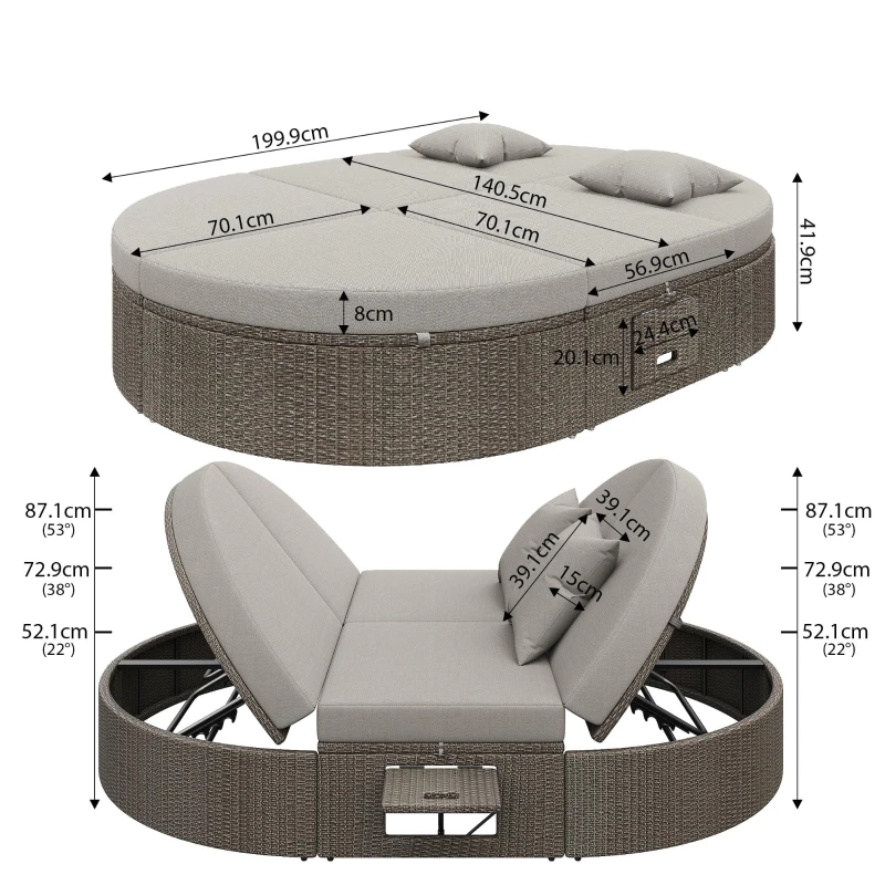Rattan Doppel-Liege für 2 Personen, Outdoor Tagesbett mit verstellbarer Rückenlehne und seitlichem Regal, 199,9 x 140,5 x 41,9 cm, Grau