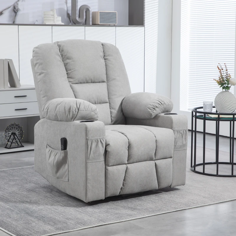 HOMCOM Oversized Riser and Recliner Chairs for the Elderly, Fabric Upholstered Lift Chair for Living Room with Remote Control, Side Pockets, Cup Holder, Light Grey