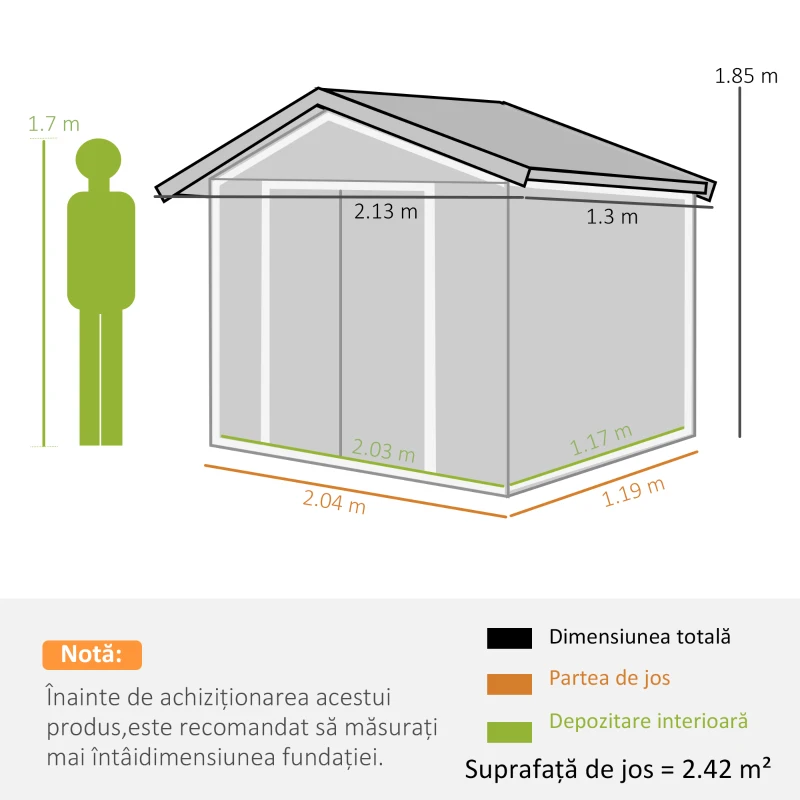 Outsunny Casuta de Gradina Depozitare Unelte din Tabla de Otel, Magazie de Gradina din Otel cu Usi glisante, 213x130x185cm, Gri(m-3)
