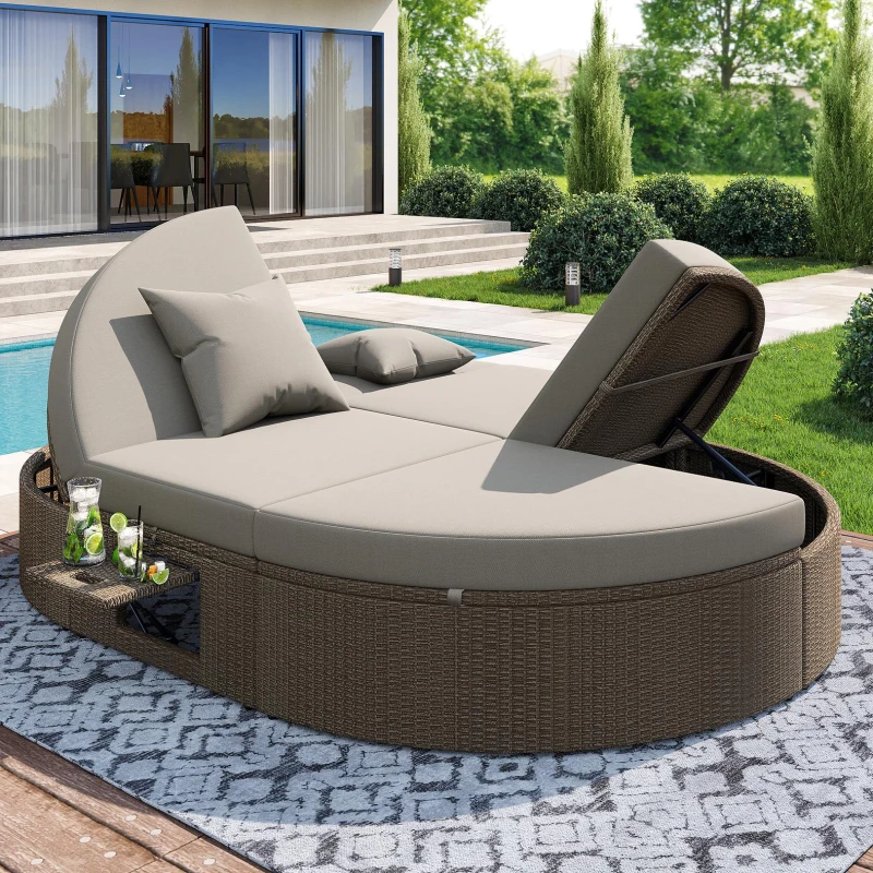 Rattan Doppel-Liege für 2 Personen, Outdoor Tagesbett mit verstellbarer Rückenlehne und seitlichem Regal, 199,9 x 140,5 x 41,9 cm, Grau