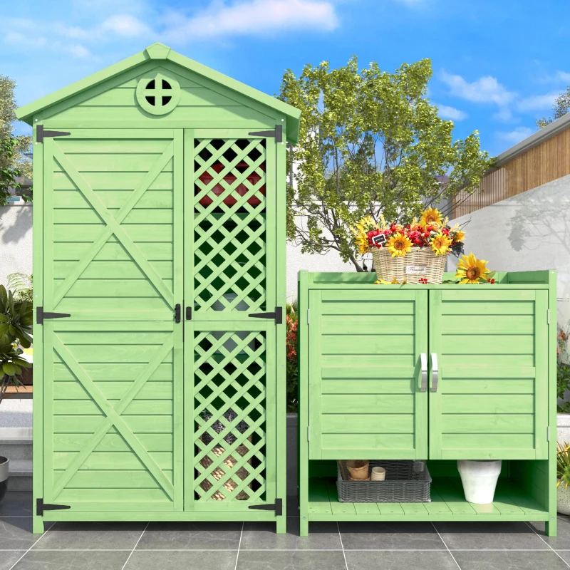 Holz-Gartenschrank Größe groß mit offenem und geschlossenem Regal, Grün