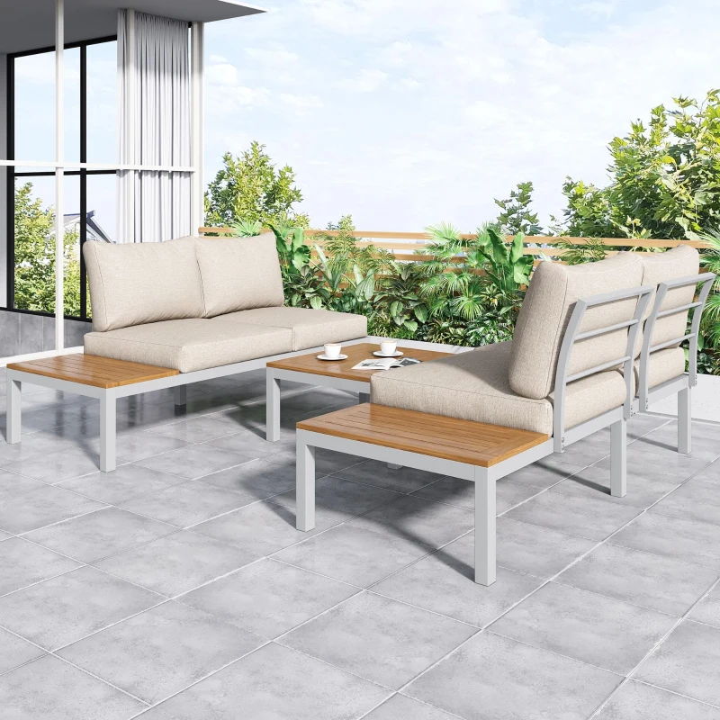 Ensemble de meubles de jardin, avec 2x canapés deux places, 2x tables d'appoint, 1x table, Beige