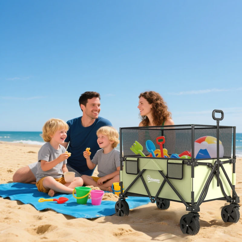 Outsunny Carro Plegable 180 L con Longitud y Ángulo del Mango Ajustables y Paredes Laterales Extensibles Carga 120 kg Caqui