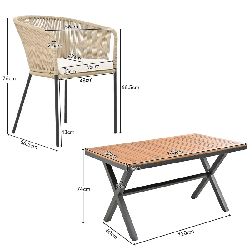 Ensemble de salle à manger de jardin 7 pièces, avec 6 fauteuils et 1 table, corde tissée à la main, coussins de siège amovibles et lavables, Beige(m-3)