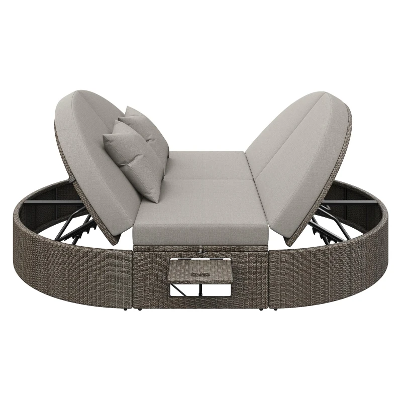 Rattan Doppel-Liege für 2 Personen, Outdoor Tagesbett mit verstellbarer Rückenlehne und seitlichem Regal, 199,9 x 140,5 x 41,9 cm, Grau