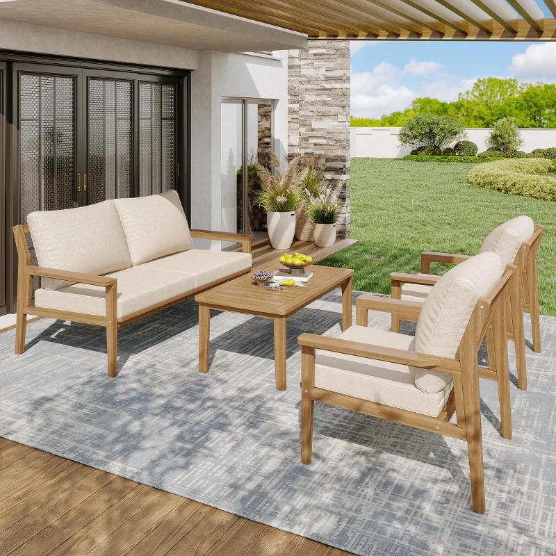 Ensemble de canapé d'extérieur en bois, ensemble de meubles de jardin pour 4-5 personnes avec 2 canapés individuels, 1 canapé double, 1 table, Couleur naturelle