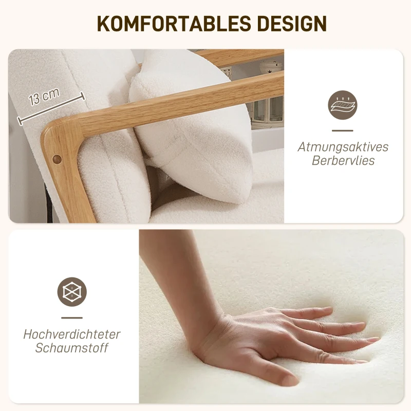 HOMCOM Schommelstoel met Voetensteun, Fleece-Bekleding, Hoge Rugleuning, Houten Poten, Voetpads, Wit(m-5)