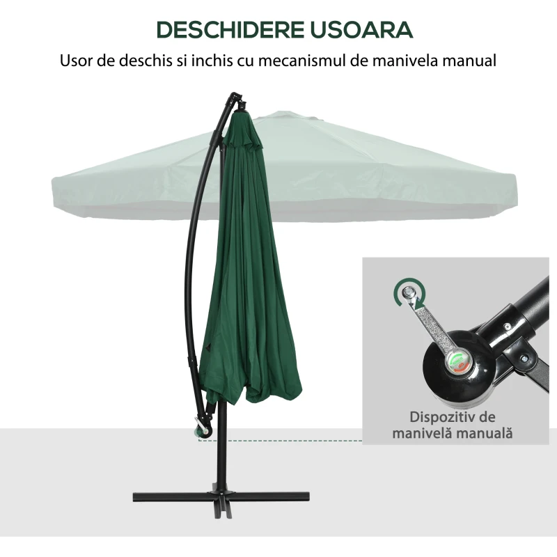 Outsunny Umbrelă de Soare cu Plasă de Țânțari, Umbrelă de Soare cu Deschidere Manivelă și Bază Transversală, 295x295x240 cm, Verde