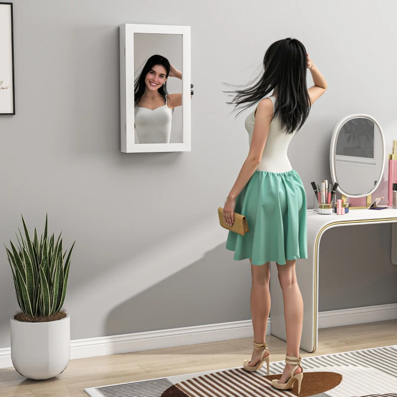 HOMCOM Espejo Joyero de Pared con Cerradura y Varios Compartimentos Montar en Pared o Puerta Blanco y Forro Crema