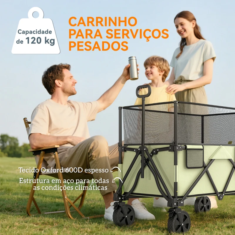 Outsunny Carrinho de Transporte Dobrável 180 L com Guiador Ajustável e Laterais Extensíveis Carga 120 kg para Jardim Praia Cáqui