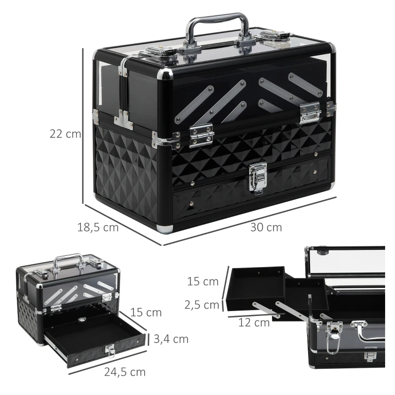 HOMCOM Estojo de Maquilhagem Organizador de Cosméticos Portátil com Múltiplos Níveis Alça e Bandejas 30x18,5x22 cm Preto e Transparente