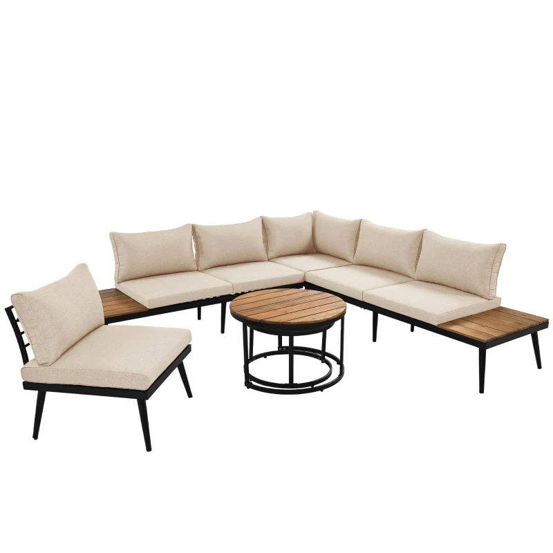 Garten Loungesessel Set für 5-6 Personen, 2 Zweisitzer-Sofas, 2 Einzelsessel, 2 Tische, Beige