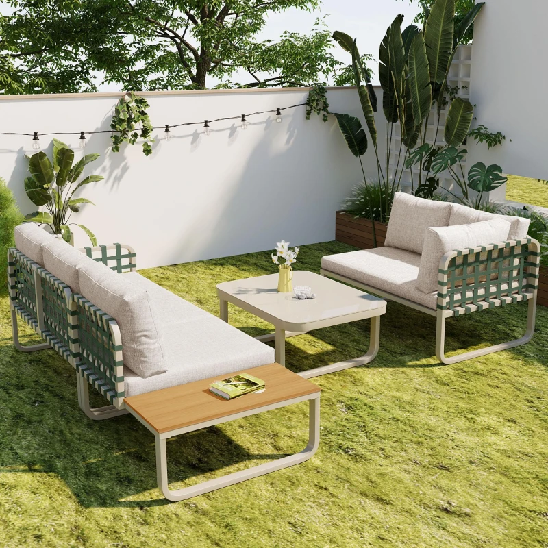 Ensemble de salon de jardin 4-5 places, ensemble de meubles de jardin en cuir vert et rotin avec table en verre trempé, Abricot(m-5)