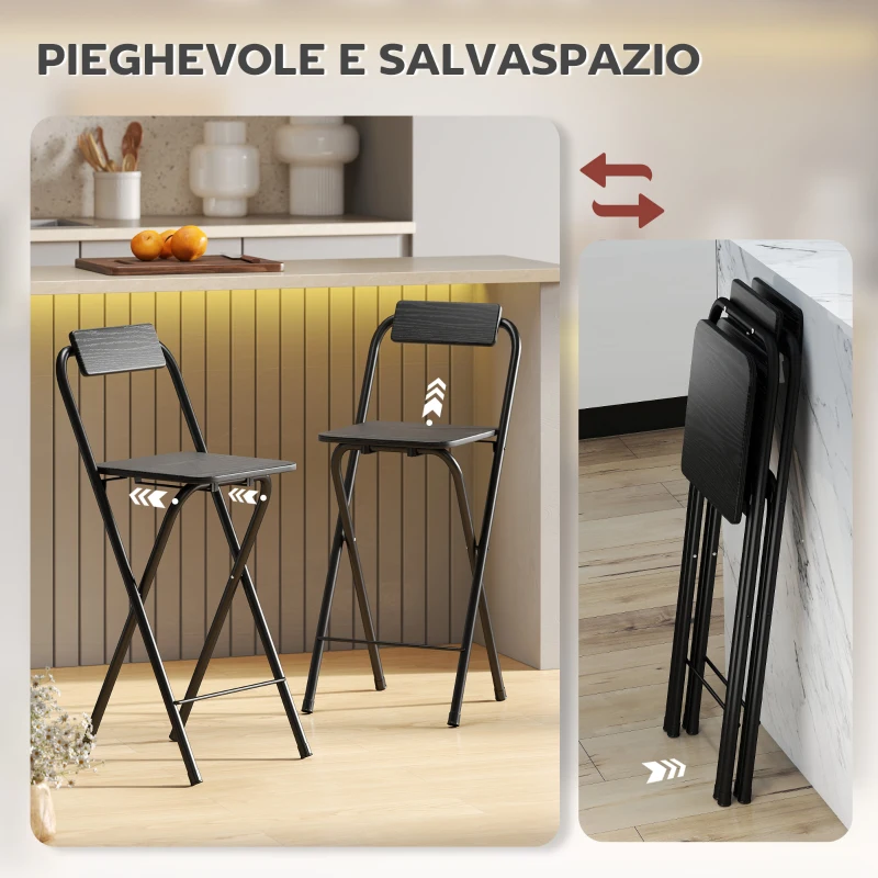 HOMCOM Set 2 Sgabelli da Bar Pieghevoli con Poggiapiedi, in Legno e Acciaio, 37x45x87 cm, Nero