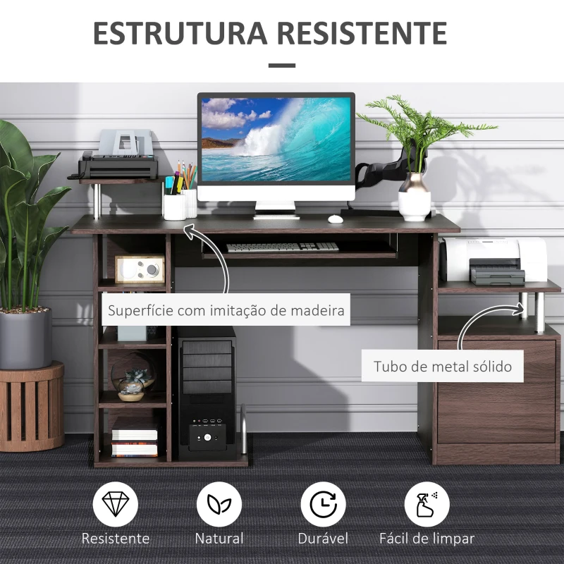 HOMCOM Mesa para Computador 120cm Secretária para Escritório com Múltiplas Prateleiras Gavetas Bandeja de Teclado Suporte para Monitor Impressora e CPU 152x60x88cm Marrom