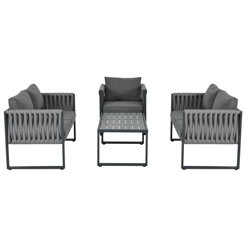 Garten-Loungestuhl-Set, mit Zweiersofa, 2 Einzelsofas und 1 Couchtisch, handgewebtem Seil, Grau