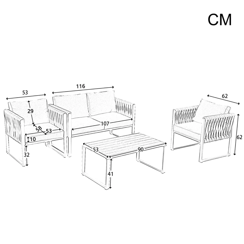 Garten-Loungestuhl-Set, mit Zweiersofa, 2 Einzelsofas und 1 Couchtisch, handgewebtem Seil, Grau