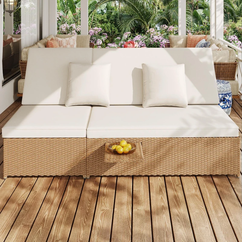 Lit double de jardin extérieur, chaise longue en rotin avec dossier réglable et coussins amovibles, 199x120x37 cm, Blanc