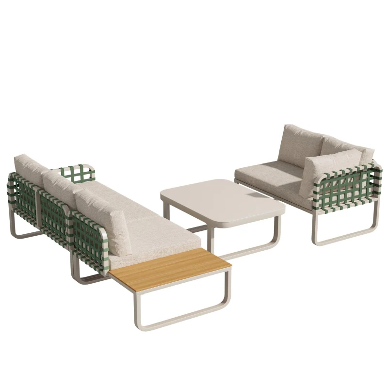 Ensemble de salon de jardin 4-5 places, ensemble de meubles de jardin en cuir vert et rotin avec table en verre trempé, Abricot(m-11)