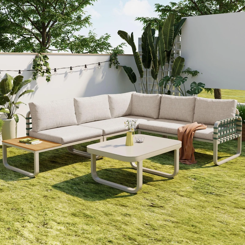 Ensemble de salon de jardin 4-5 places, ensemble de meubles de jardin en cuir vert et rotin avec table en verre trempé, Abricot(m-4)