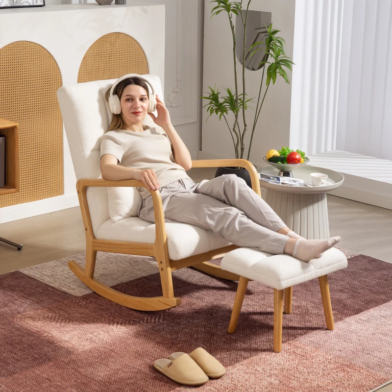 HOMCOM Schommelstoel met Voetensteun, Fleece-Bekleding, Hoge Rugleuning, Houten Poten, Voetpads, Wit(m-7)