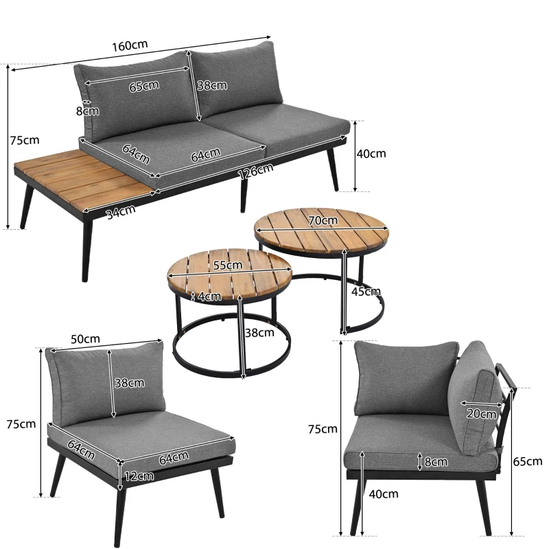 Gartenlounge-Set für 5-6 Personen, 2 Zweisitzer-Sofas, 2 Einzelsessel, 2 Tische, inklusive Kissen, Grau