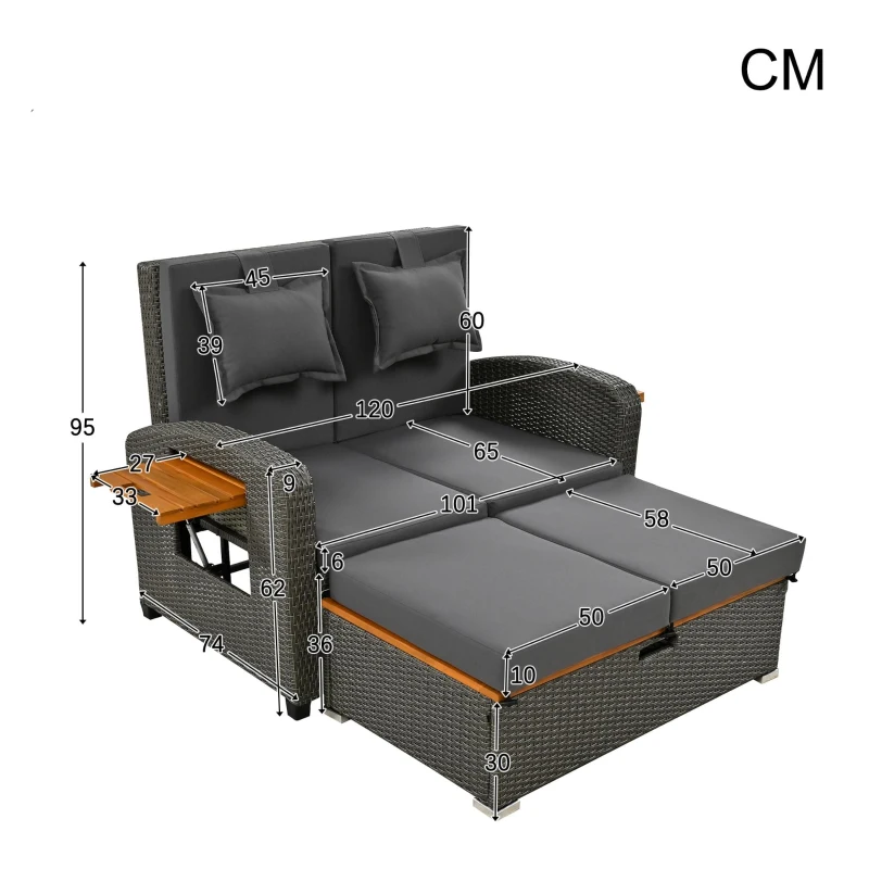 Ensemble de fauteuils de jardin pour 2 personnes, dossier réglable, avec repose-pieds ou utilisable comme lit d'extérieur, 120x74x95 cm, Gris(m-3)