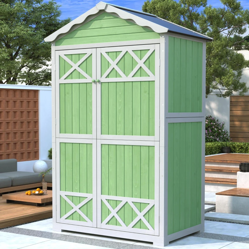 Gartenschrank 93x45x179 cm, Metallischer Design mit stabilen X-Verstärkungen für Garten Geräteschuppen, Outdoor Schuppen, Grün
