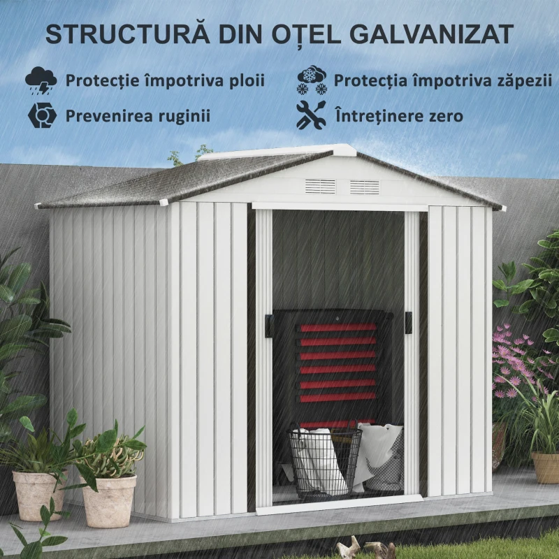 Outsunny Casuta Gradina Otel Alb 213×130×185 cm – Cu Usi Glisante(m-4)
