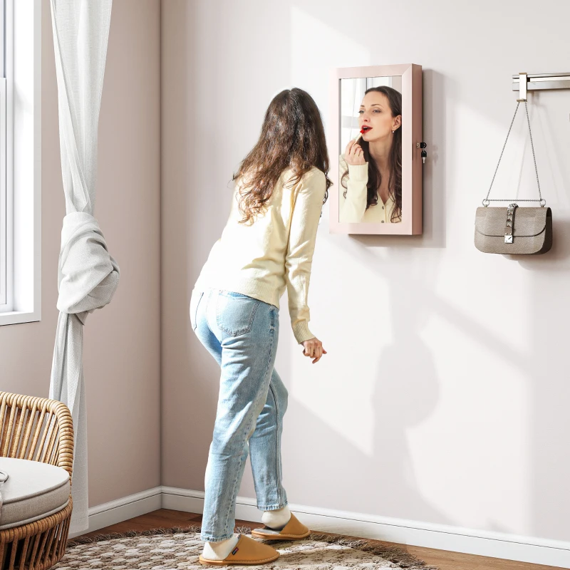 HOMCOM Espejo Joyero de Pared con Cerradura y Varios Compartimentos Montar en Pared o Puerta Rosa y Forro Beige