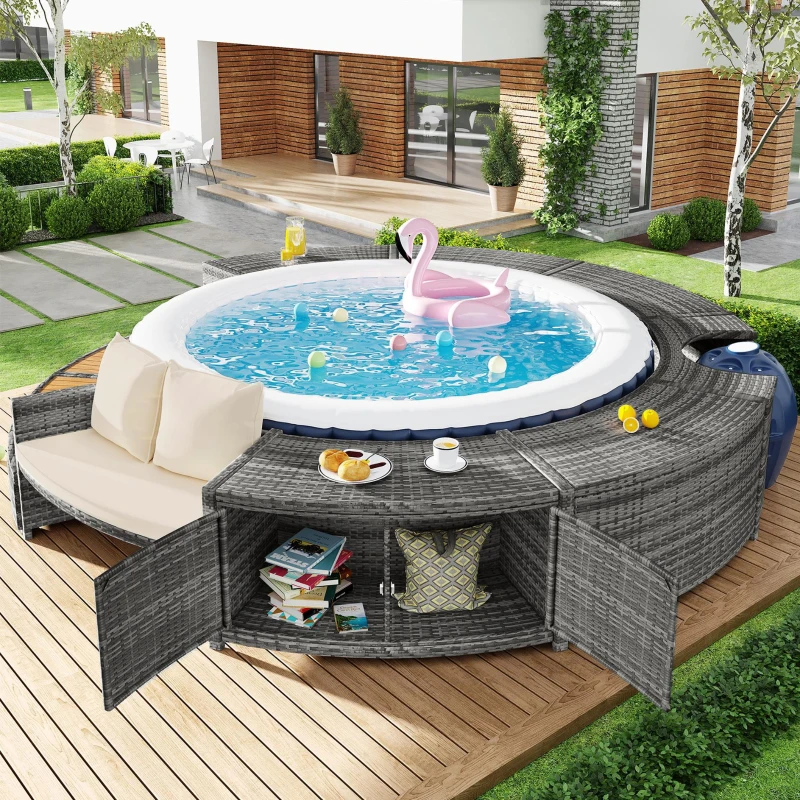 Ensemble de salon de jardin avec canapé rond, pieds réglables, coussins inclus, pour piscine, Gris(m-5)