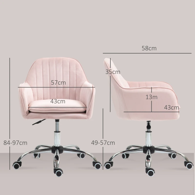 HOMCOM Velvet-Feel Tub Office Chair, with Seat Cushion - Pink