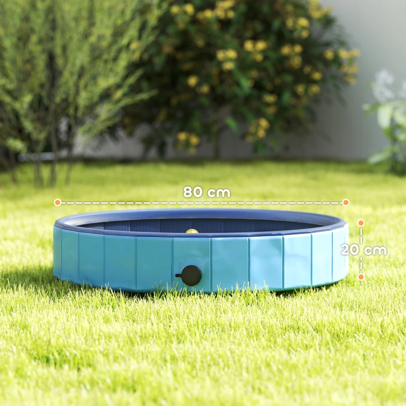 PawHut Piscina para Perros Pequeños Plegable con Aspersor de PVC Antideslizante Resistente al Desgaste Ø80x20 cm Azul Claro