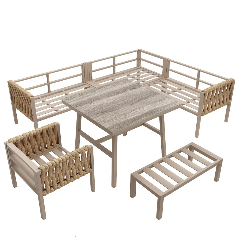 Juego de Muebles de Jardín con Sofá Esquinero y Tablero de Mesa de Vidrio Templado Incluye Cojines de Asiento y Respaldo Beige